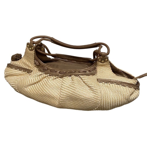 Cole Haan Sarah Bronze Straw Satchel Bag Boho Chic Beach Purse Woven Tote - Picture 3 of 10